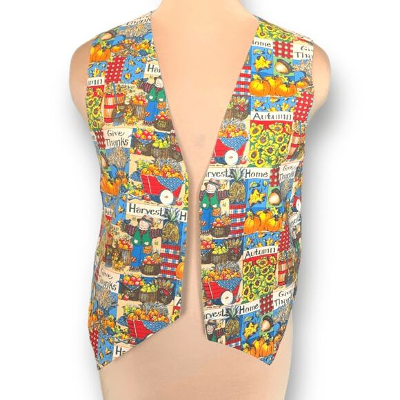 Vintage Handmade Reversible Vest Autumn Pumpkin Scarecrow Farmhouse Blue Orange - Picture 4 of 10
